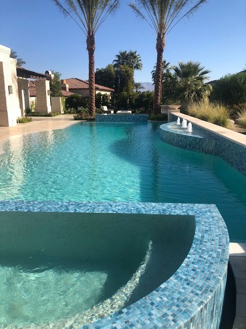Luxury backyard pool with turquoise water, palm trees, and a curved tiled edge in bright sunlight
