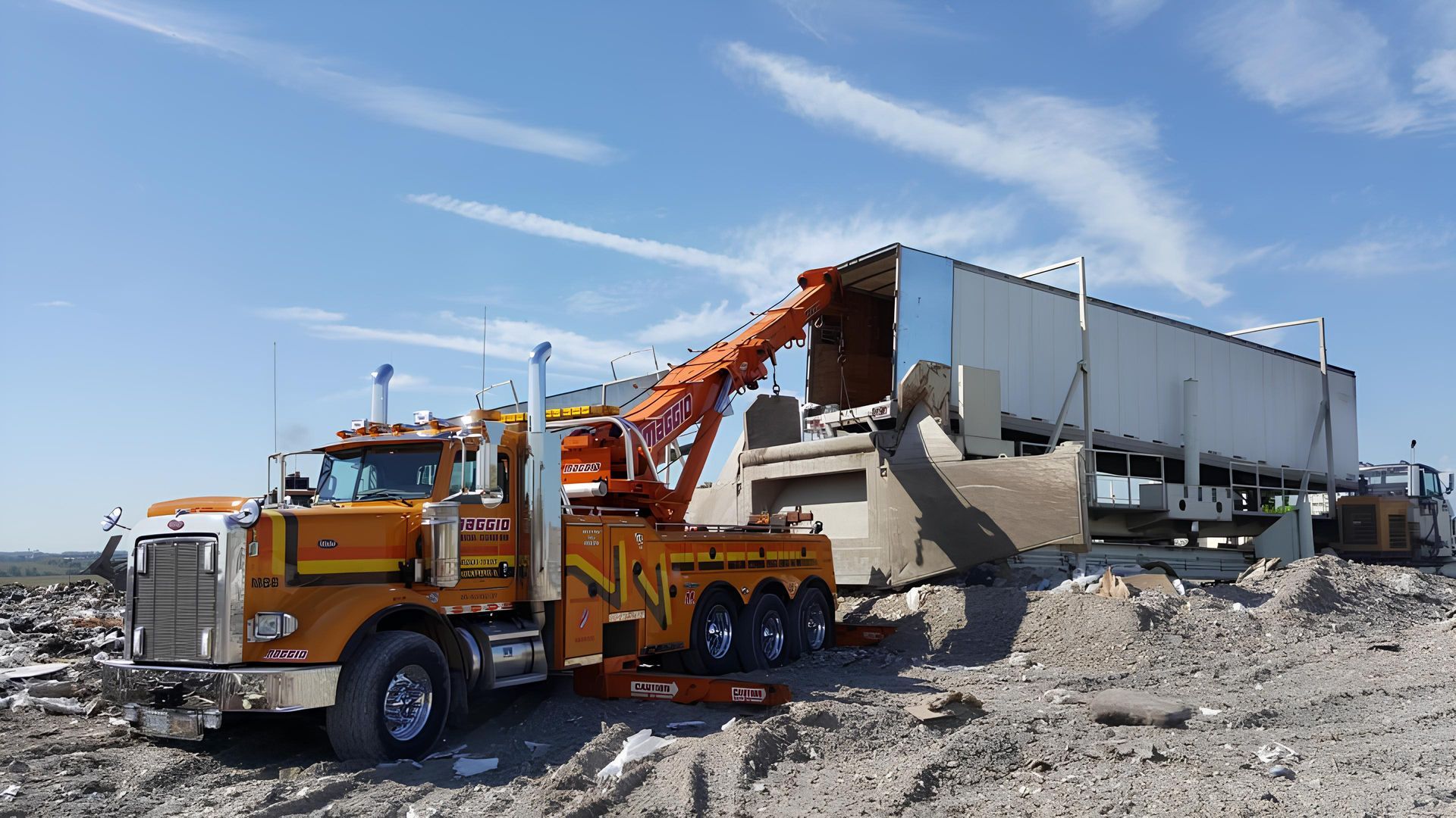 Orange heavy duty tow truck lifting a white trailer at a waste disposal site. Blue sky overhead.