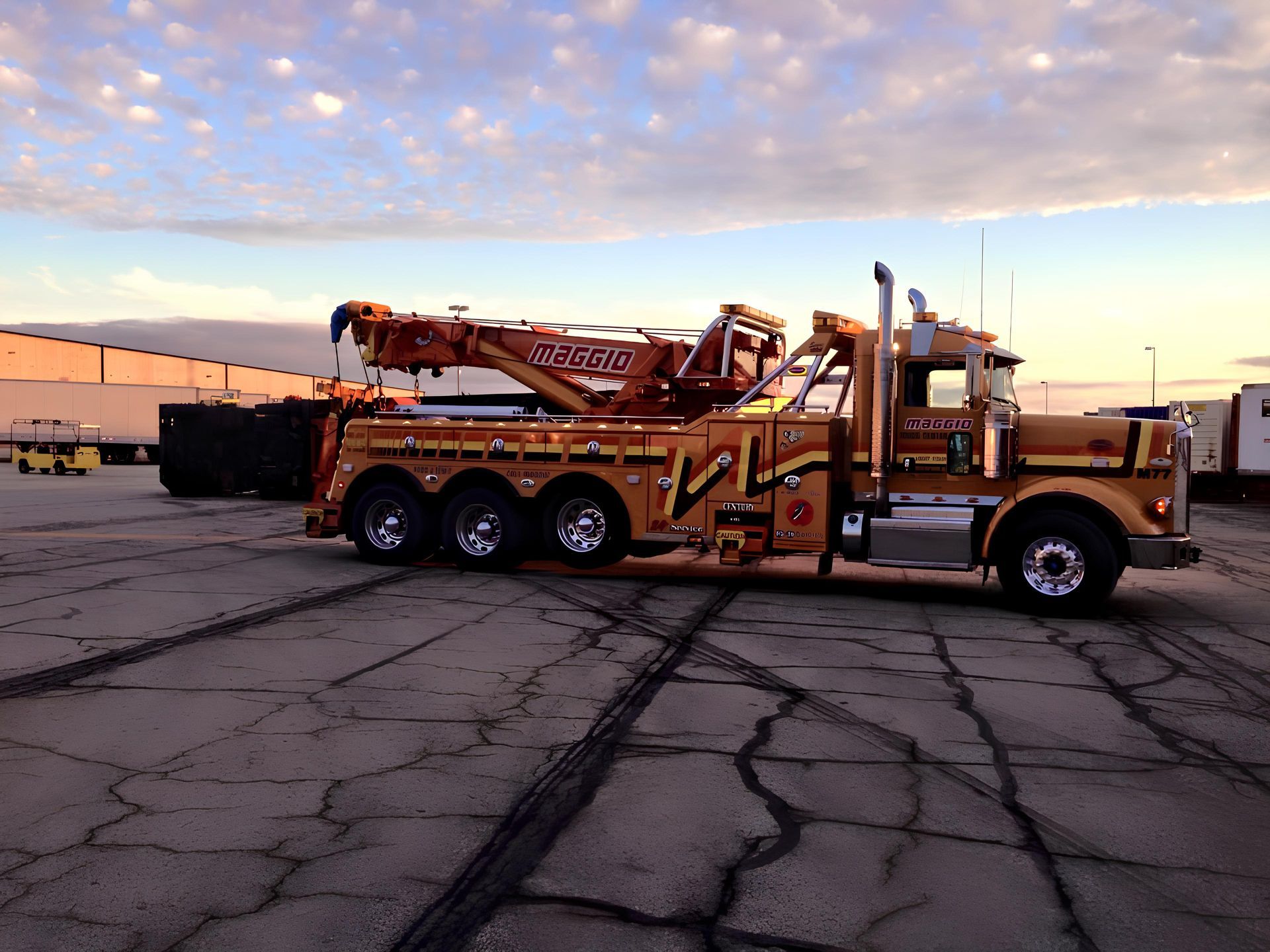 Yellow and orange tow truck parked on cracked asphalt, with sky in background.
