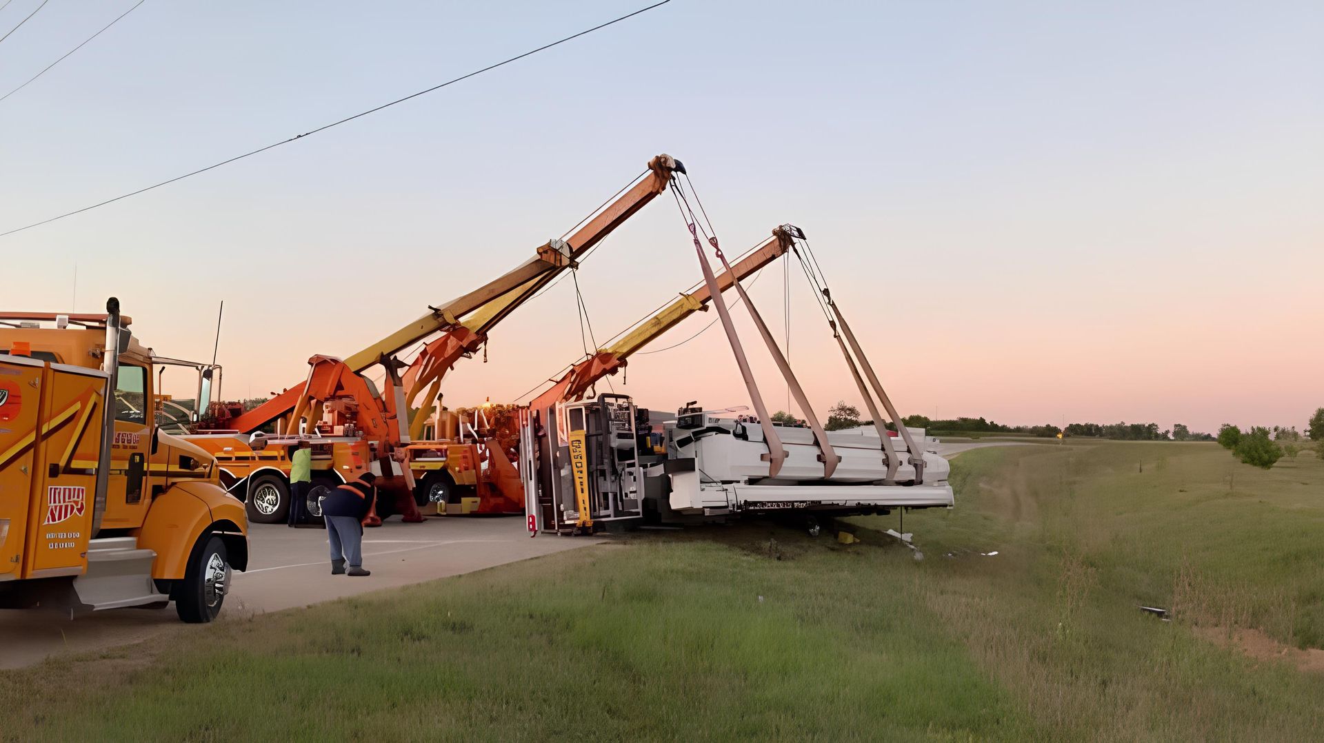 Tow trucks righting a tipped-over semi-truck on side of a road at dusk.