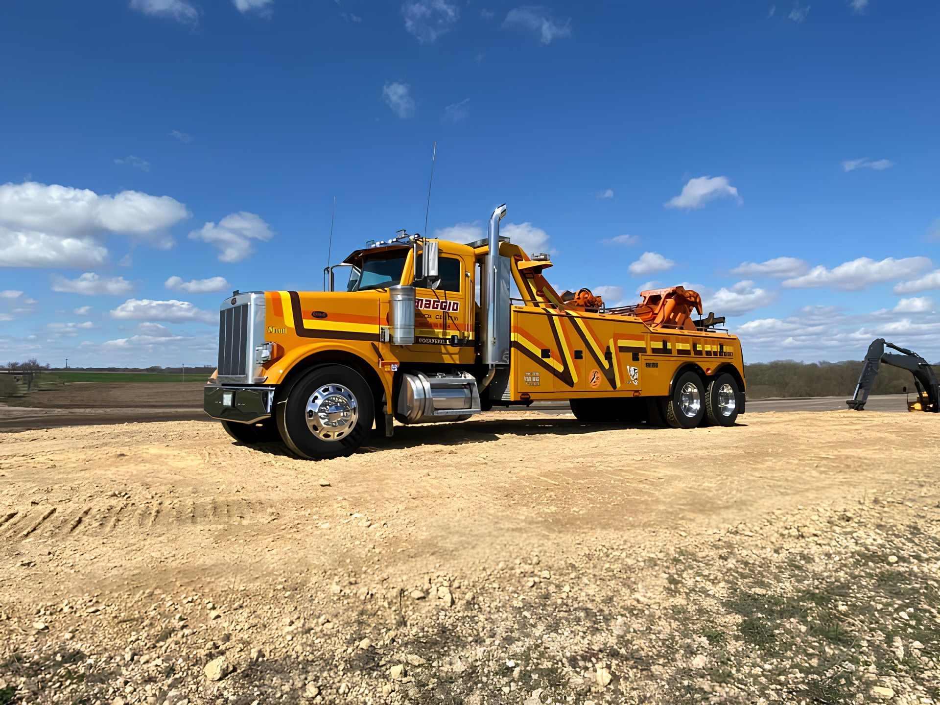 Yellow heavy duty tow truck on dirt road under blue sky.