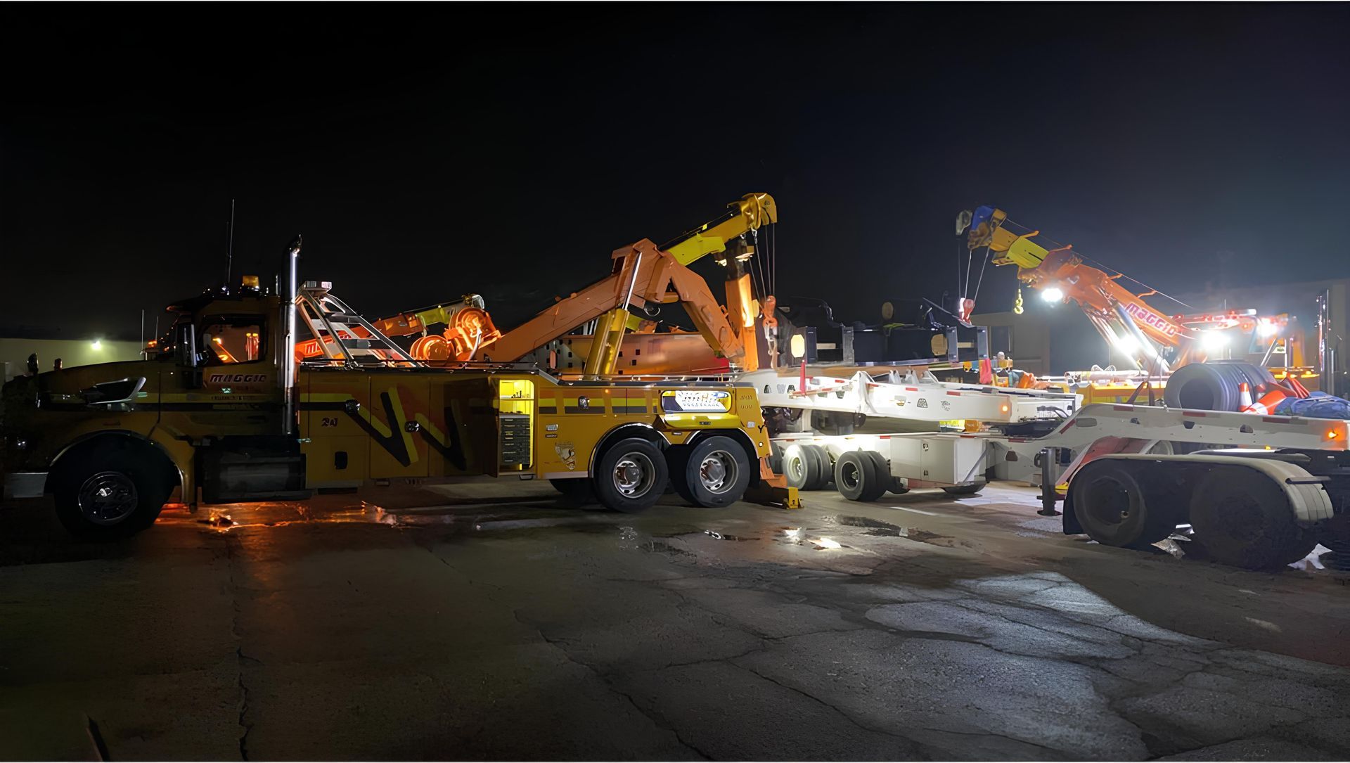 Two large yellow tow trucks at night, lifting a white trailer.