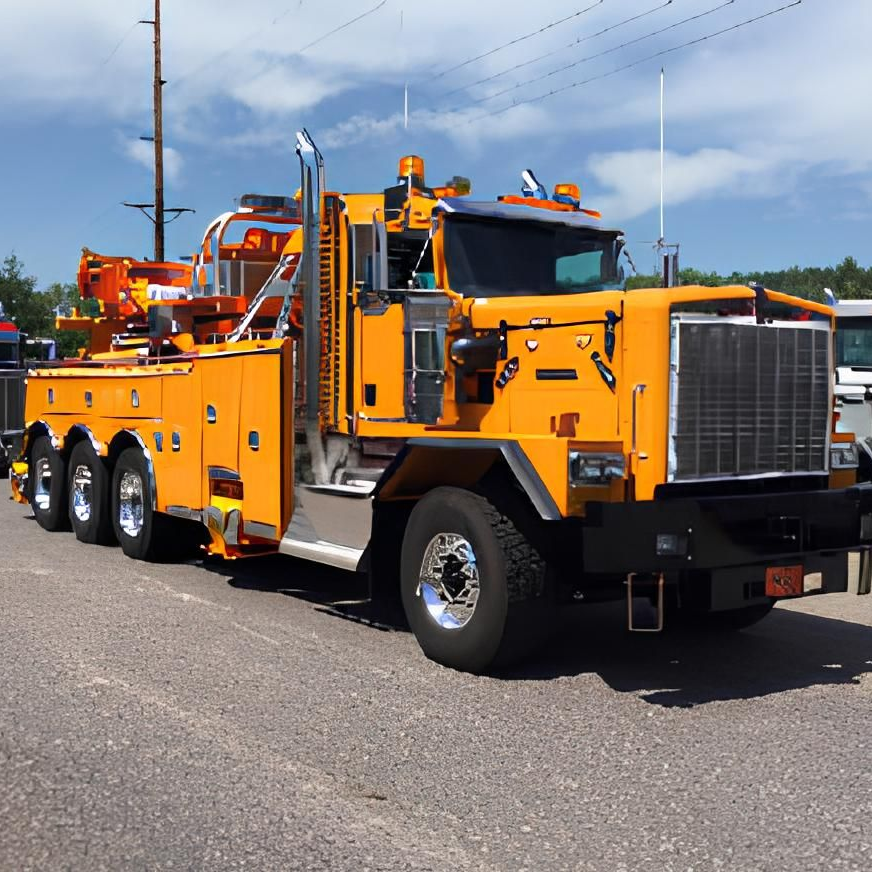 Yellow heavy-duty tow truck with tow boom, parked outdoors with other tow trucks. Sunny day.