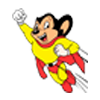 Cartoon mouse superhero flying forward, wearing yellow suit, red cape, and determined expression.