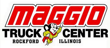 Logo for Maggio Truck Center, featuring "Maggio" in red, black text, and Mighty Mouse pointing, with "Rockford Illinois" below.