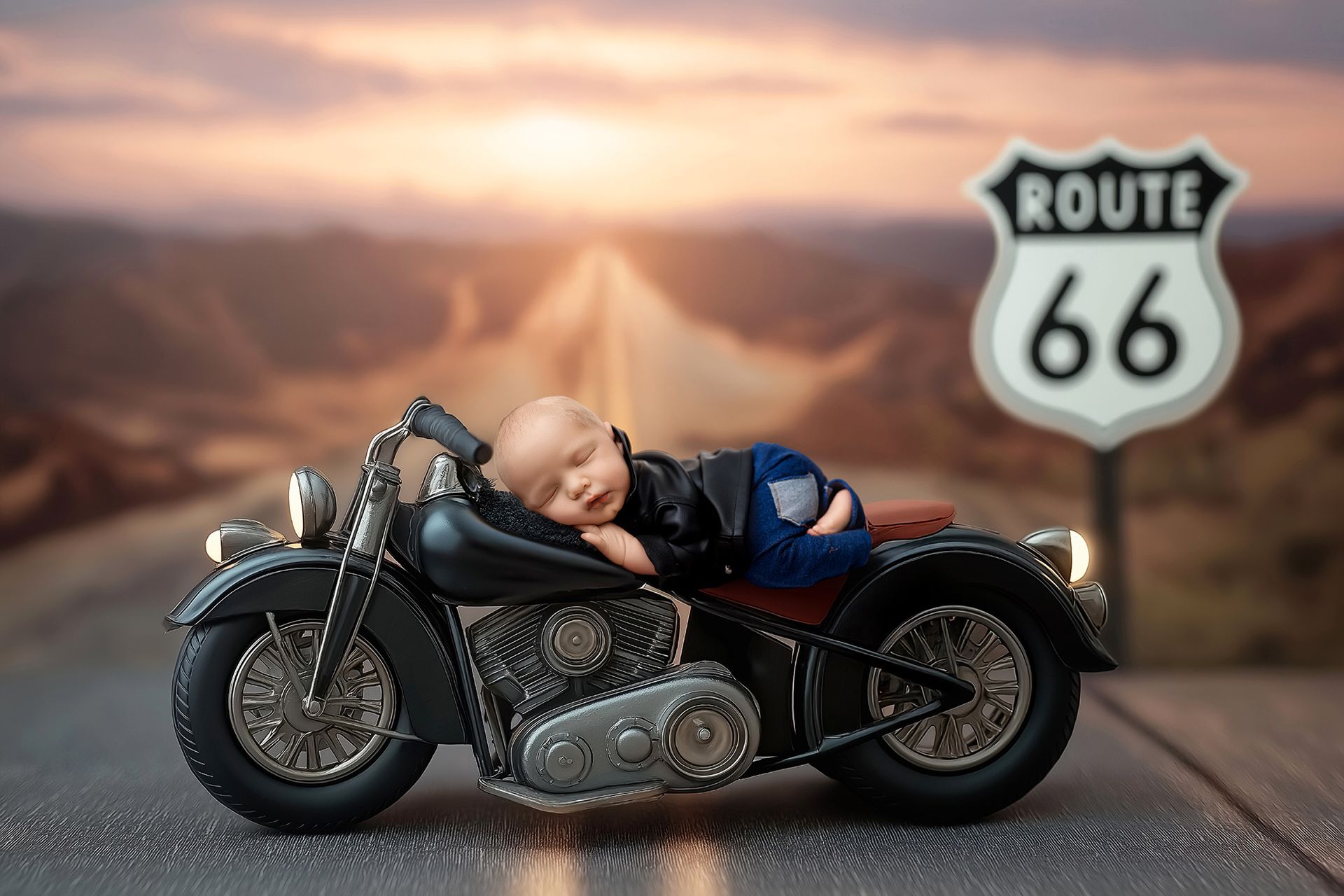 Sleeping baby on a vintage motorcycle with Route 66 sign in a desert landscape at sunset.