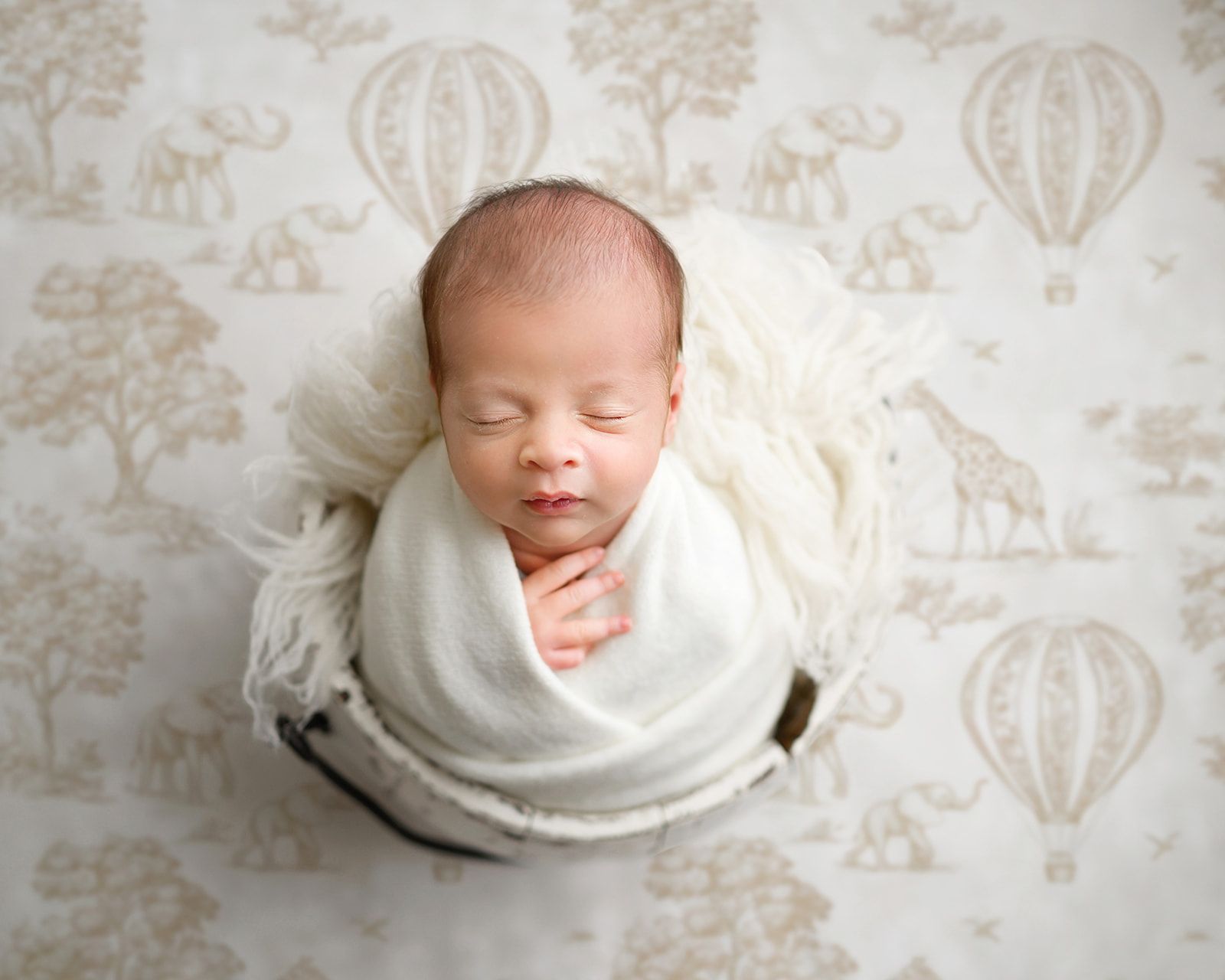 Newborn swaddled in white blanket, sleeping on a soft patterned backdrop.
