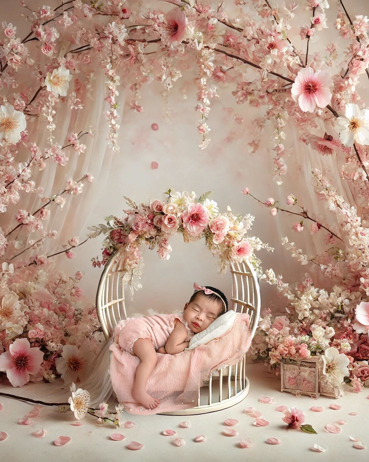 Sleeping baby in a white chair amid pink floral decorations and soft pastel petals.