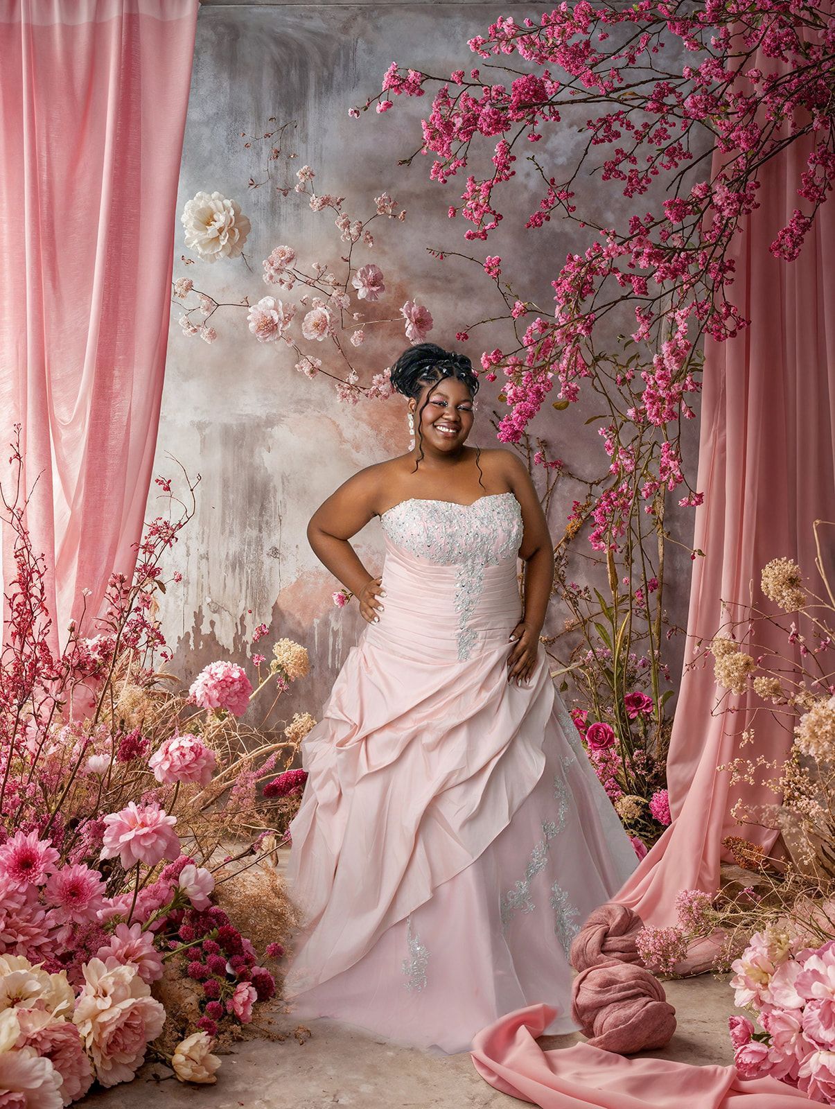 Woman in a pale pink gown posing in a floral studio with pink drapes and blossoms.