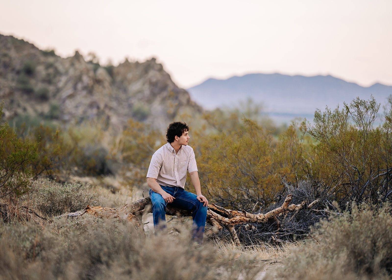 Person sitting on a fallen log in a dry, brushy landscape with mountains in the background.