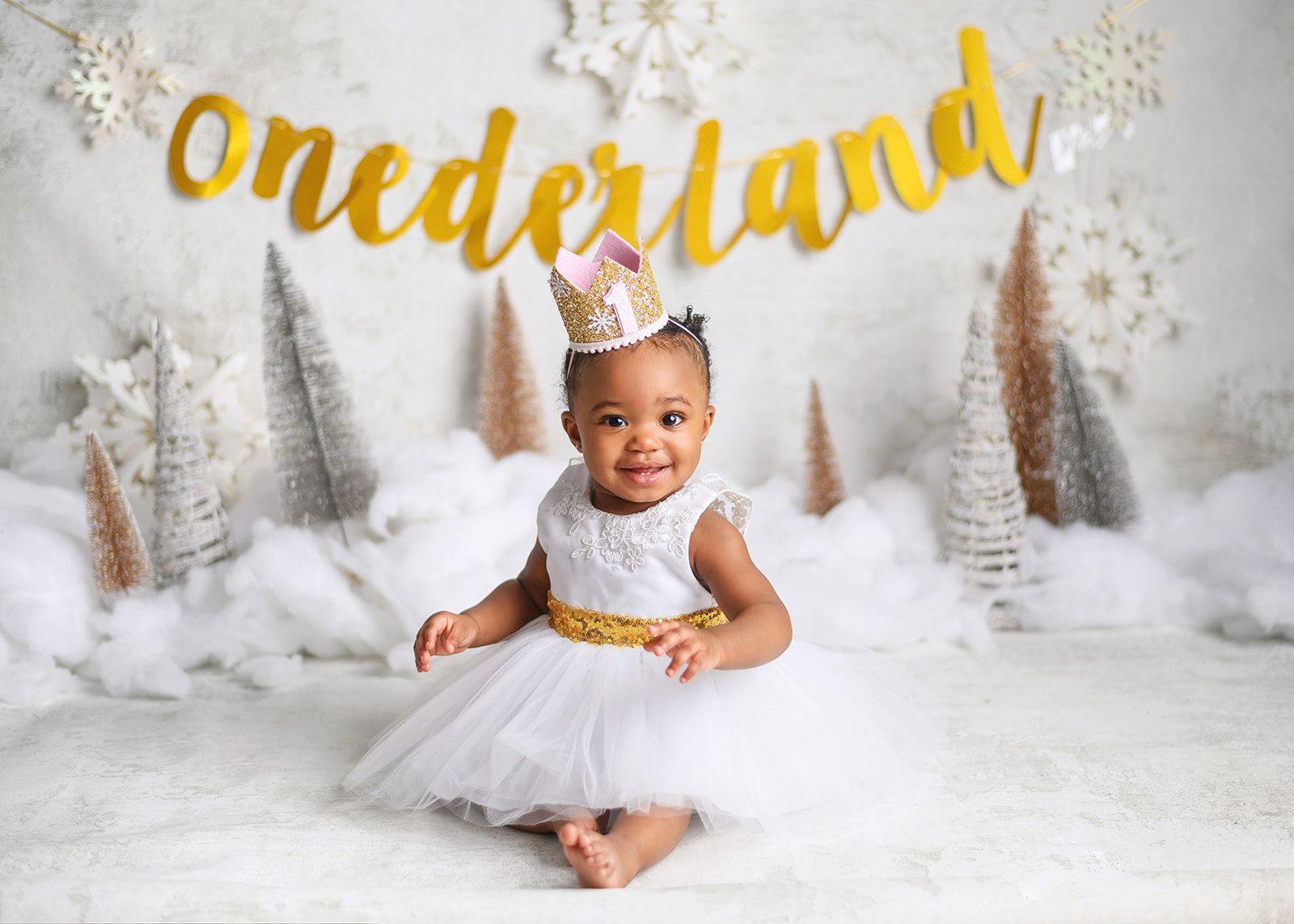 Toddler in white dress and gold bow sitting in snowy holiday backdrop with gold “wonderland” sign.