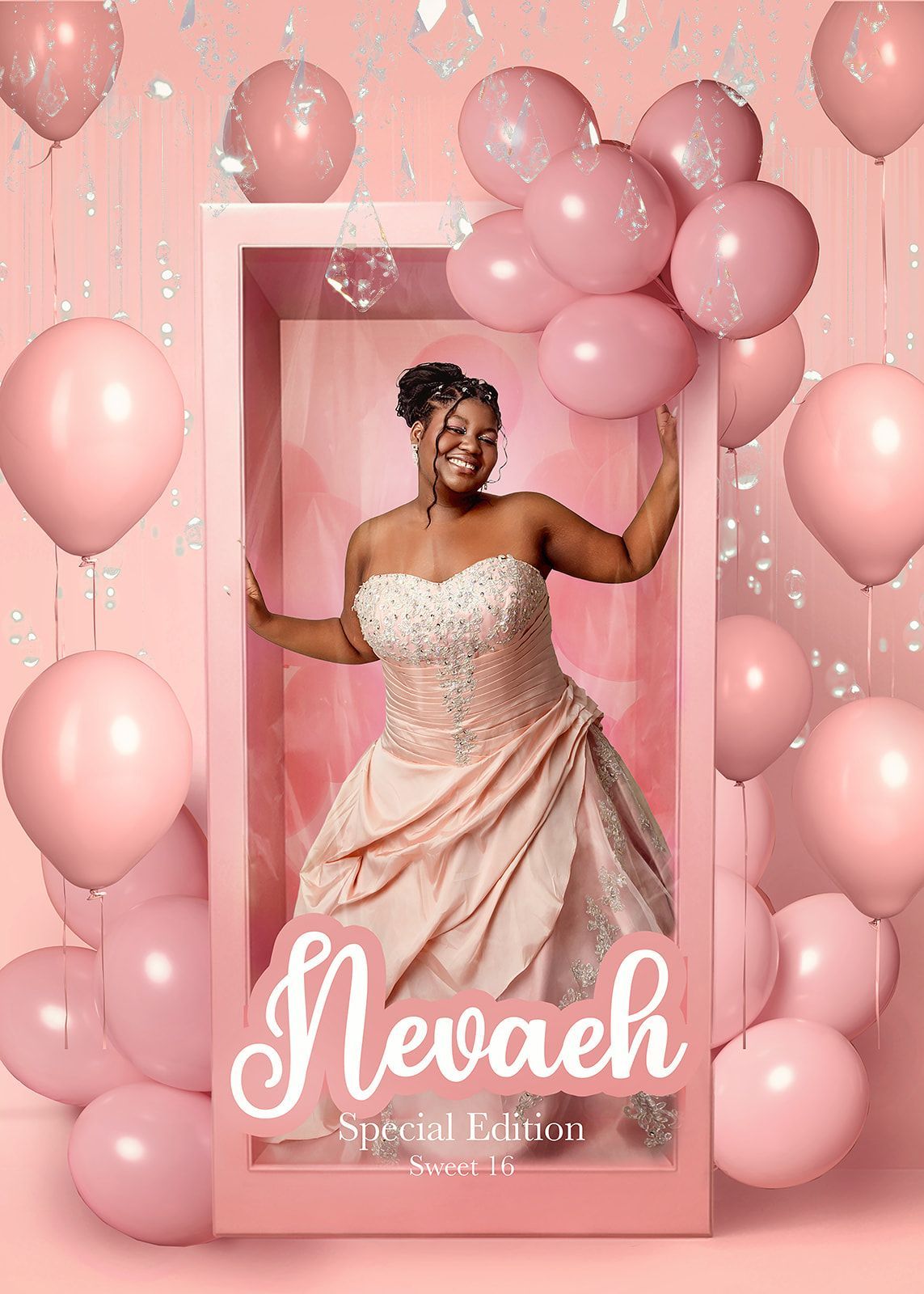 Woman in a pink gown posing in a pink balloon-framed birthday portrait with the name Nevaeh.