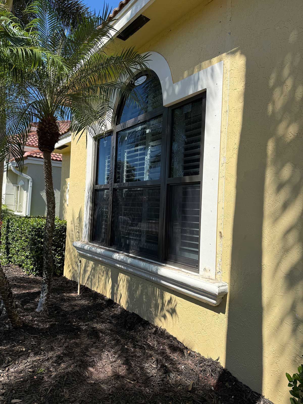 Exterior view of a yellow stucco building with a large arched window with black shutters, and white trim. Palm tree to the left.