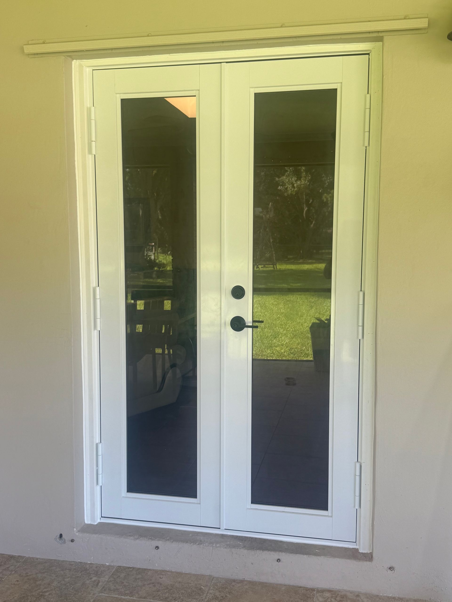 White double doors with glass panels; black door handle; tan wall.