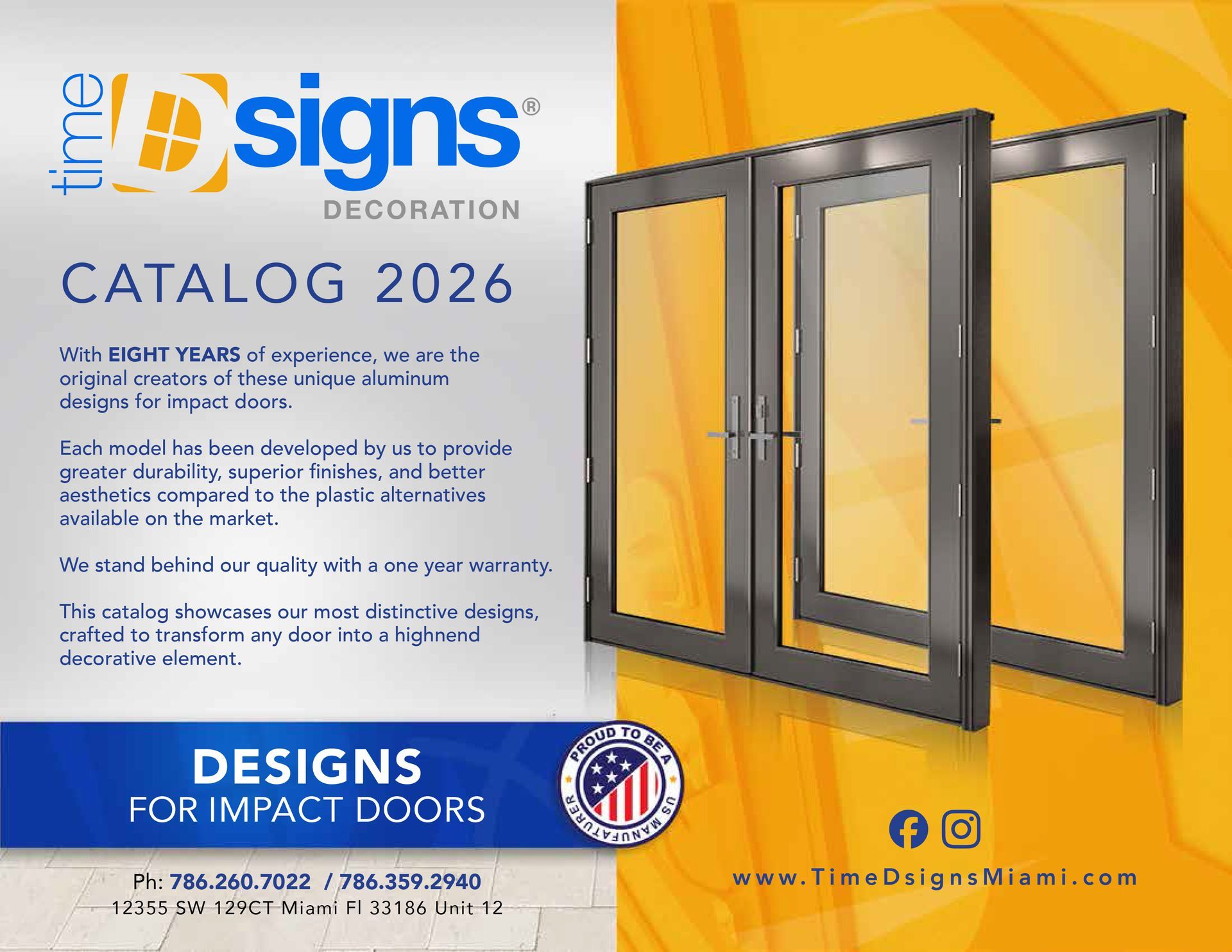 Catalog cover for Time Designs, showcasing aluminum impact doors. Features a blue and orange color scheme, with a photo of three doors.