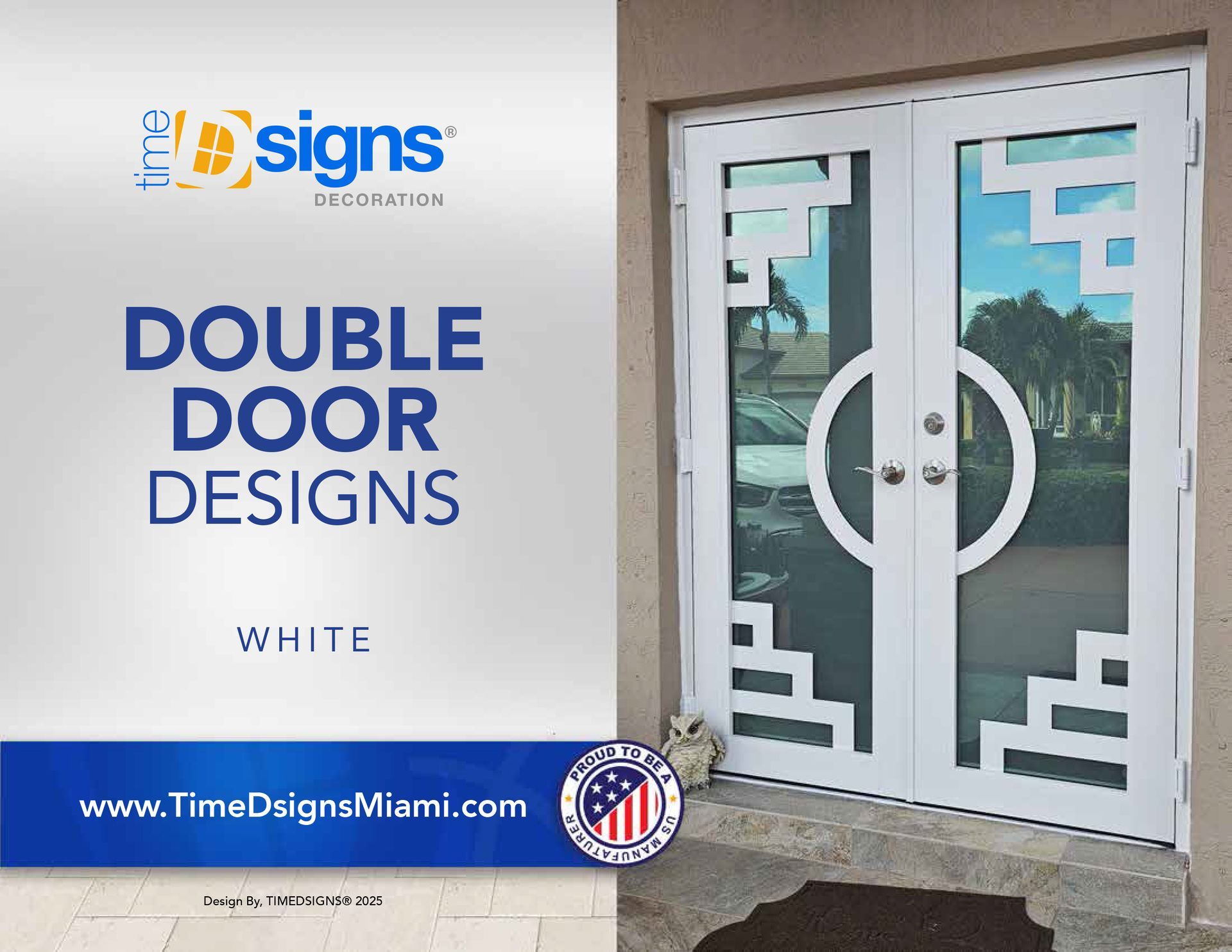 White double door with decorative geometric cutouts, outdoor setting.