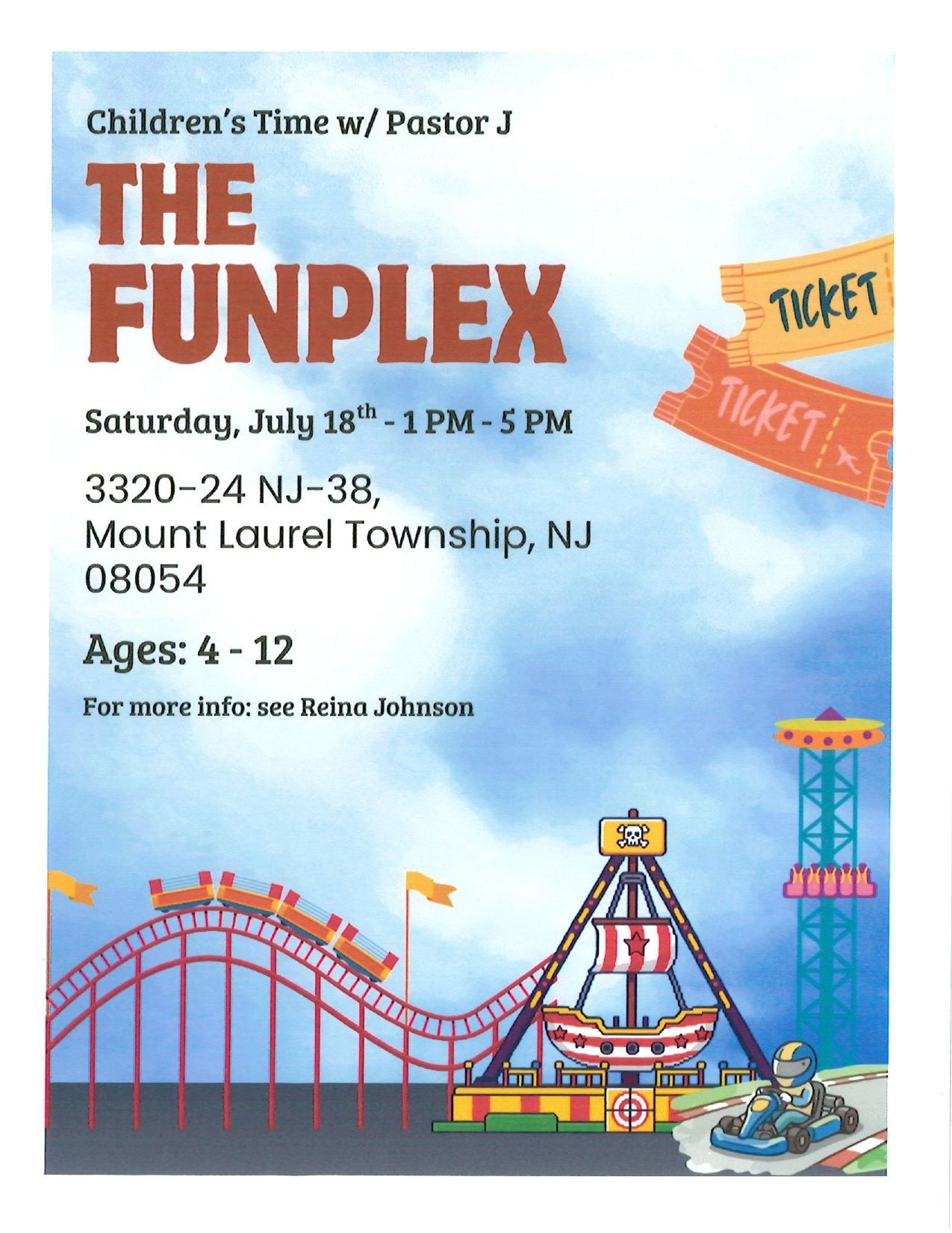 Children’s Time with Pastor J: The Funplex event flyer with carnival rides and ticket graphics