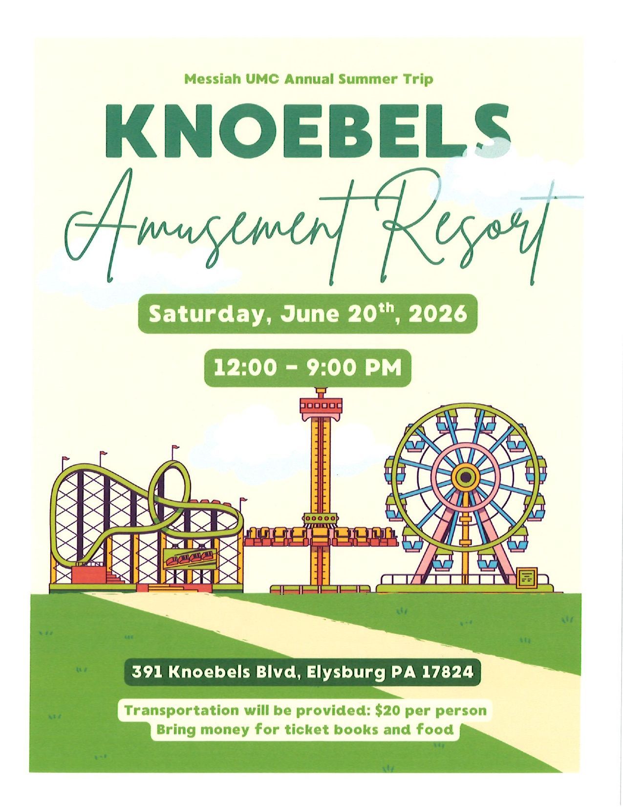 Knoebels Amusement Resort event flyer for Saturday, June 20, 2026, 12:00–9:00 PM with rides and Ferris wheel