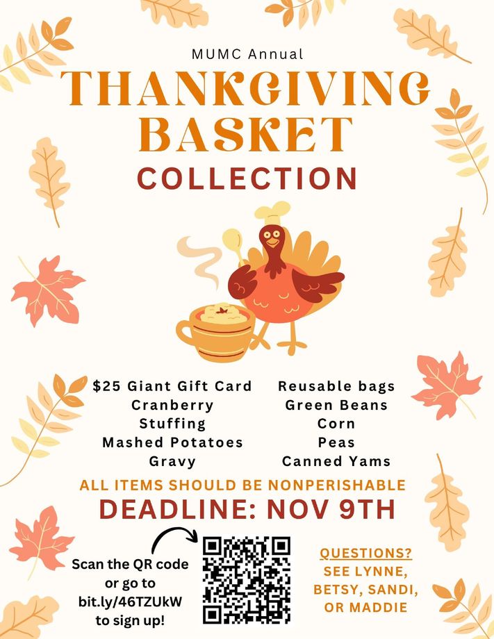 Thanksgiving basket collection flyer. Includes items like gift cards, cranberry, stuffing. Deadline: Nov 9th.