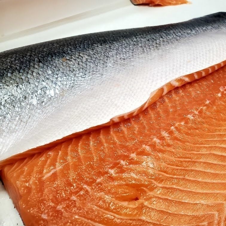 Raw salmon fillets, one silver-skinned and one orange, laid side by side.