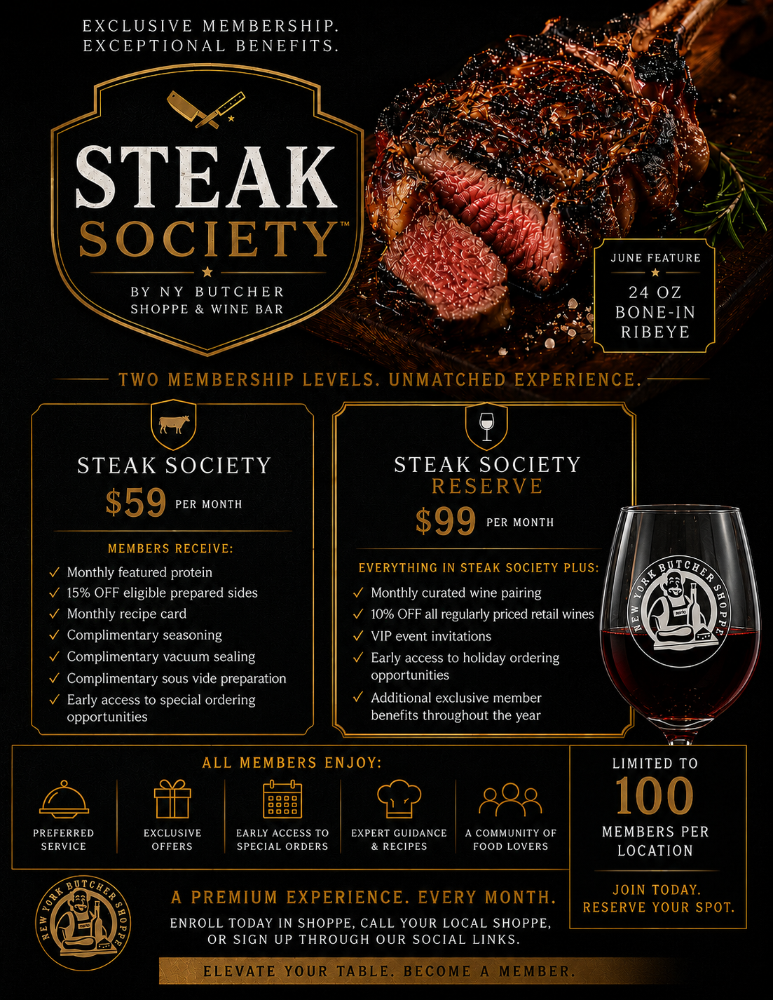 Black-and-gold Steak Society restaurant promo with steak, wine glass, menu prices, and event details