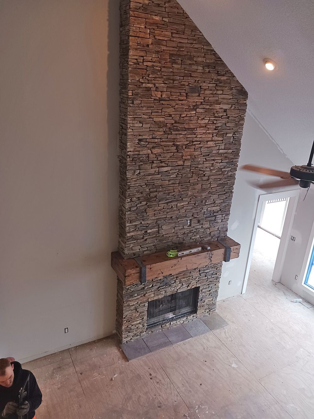 Interior stone fireplace