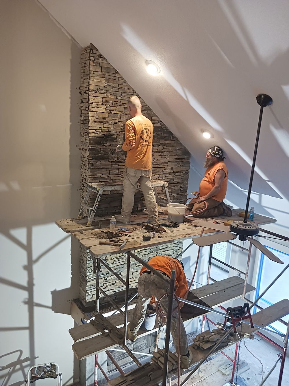Interior stone fireplace