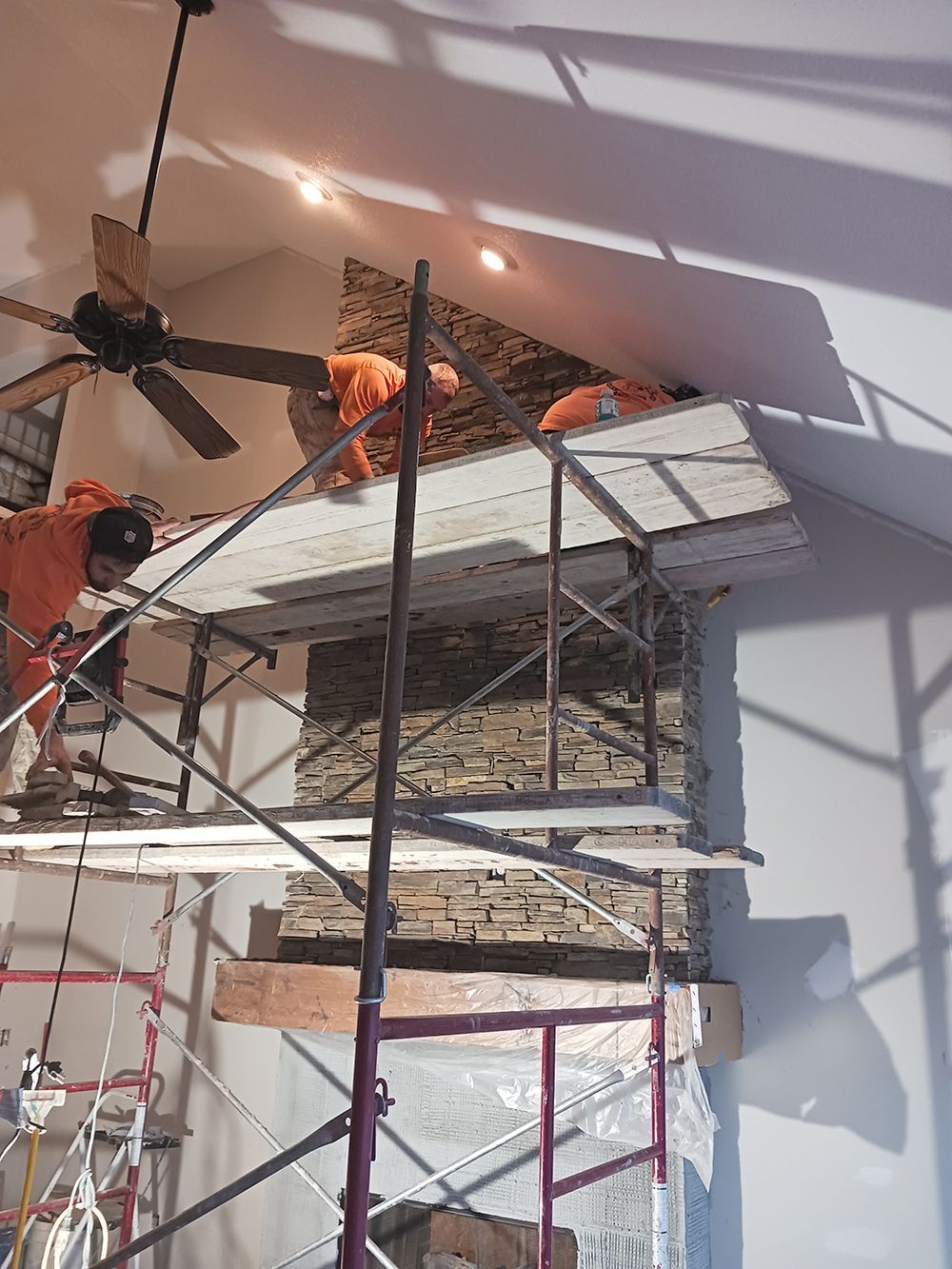 Interior stone fireplace