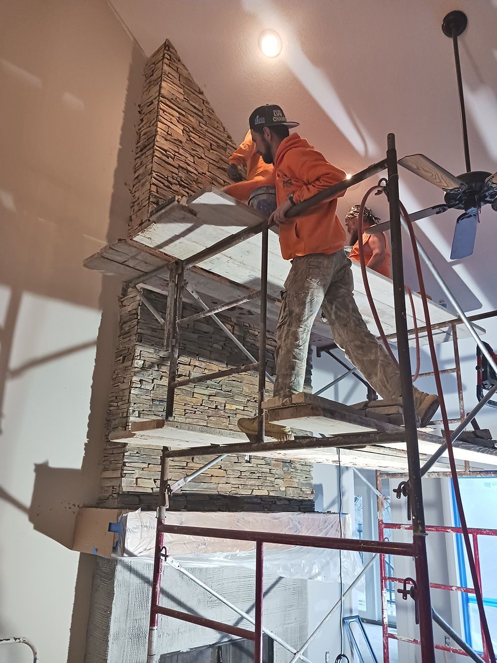 Interior stone fireplace