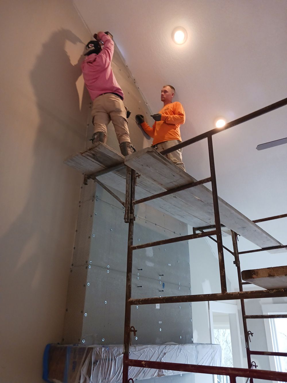 Interior stone fireplace