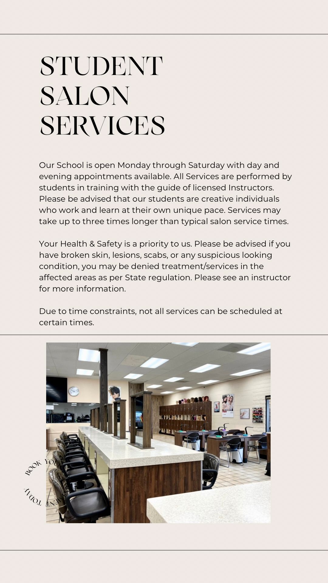 A brochure for a student salon services with a picture of a salon.