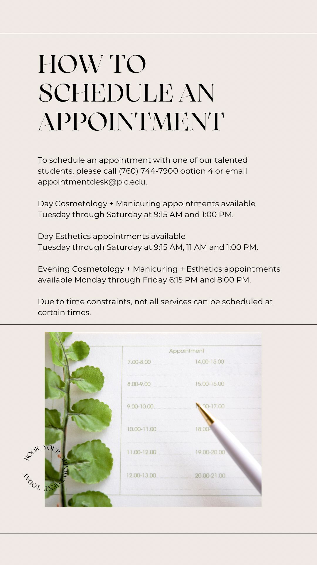 A page that says `` how to schedule an appointment '' with a picture of a plant and a pen.