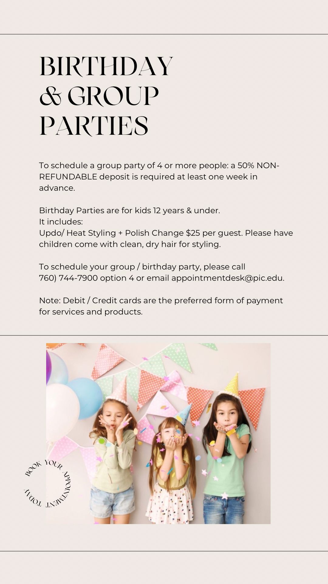 Three little girls wearing party hats are standing next to each other at a birthday party.