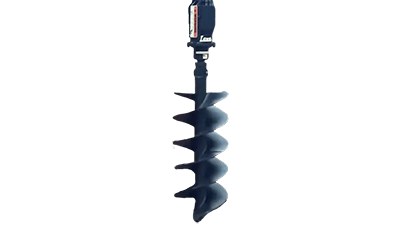 A black earth auger attachment for a construction machine, featuring a long, spiral drill bit suspended against a white background.