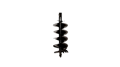 A black earth auger drill bit with a central metal shaft and helical blades, standing vertically on a white background.