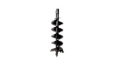 A black steel earth auger bit with a central shaft and spiral blade, positioned vertically on a white background.