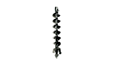 A black steel earth auger bit with a helical screw design for drilling holes, isolated against a white background.