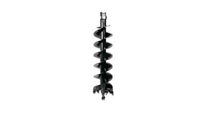 A black steel earth auger bit with spiral flights, designed for drilling holes in soil.