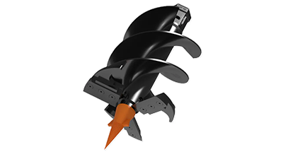A black industrial auger drill bit with a pointed orange tip, shown from an angle against a white background.