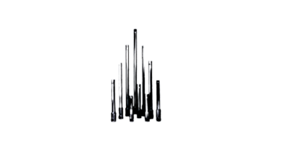 A collection of metal machine taps of varying heights arranged in a row against a white background.
