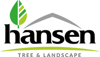 The logo for hansen tree and landscape shows a house with a leaf on it.