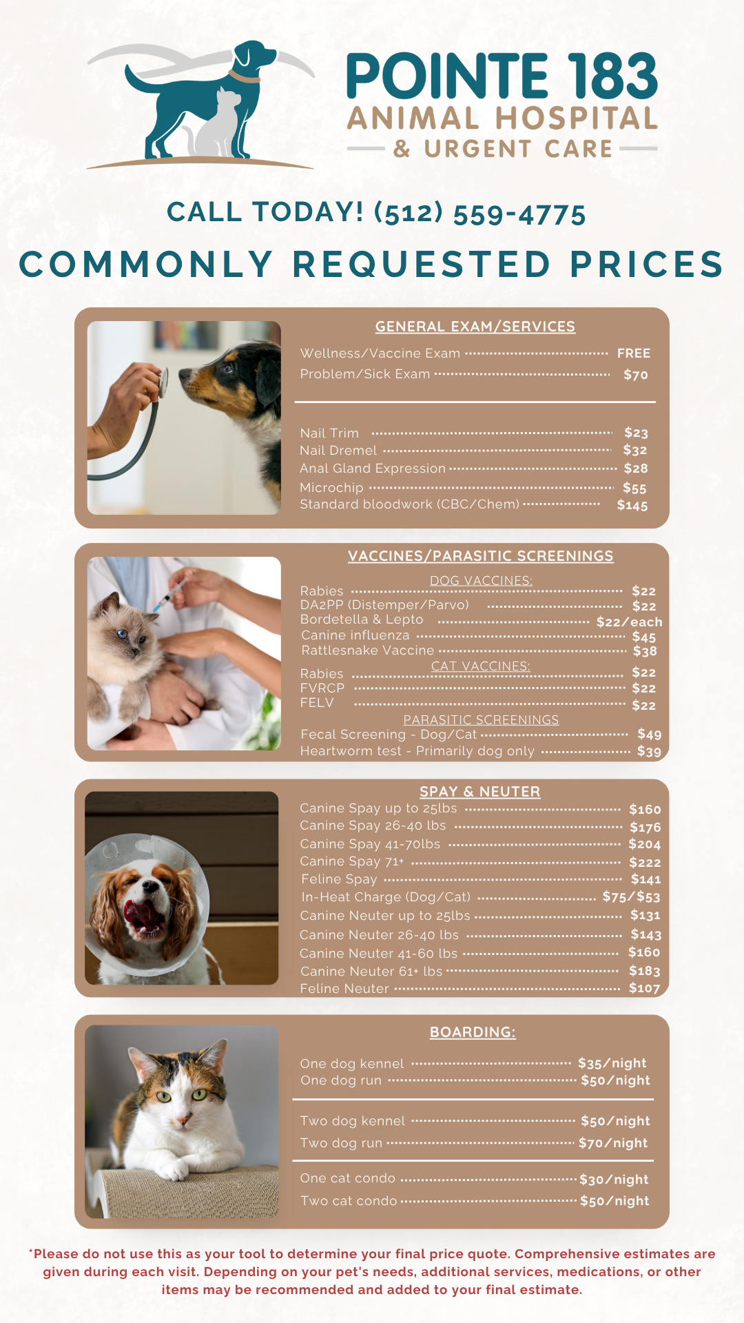 Flyer for Pointe 183 Animal Hospital with pricing for common services.
