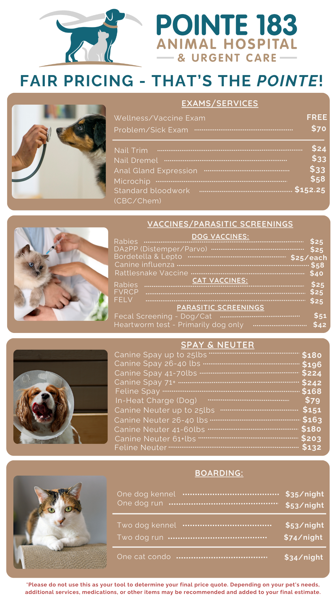 Price list for Pointe 183 Animal Hospital. Features fees for examinations, surgeries, and other services. Includes photos of pets.