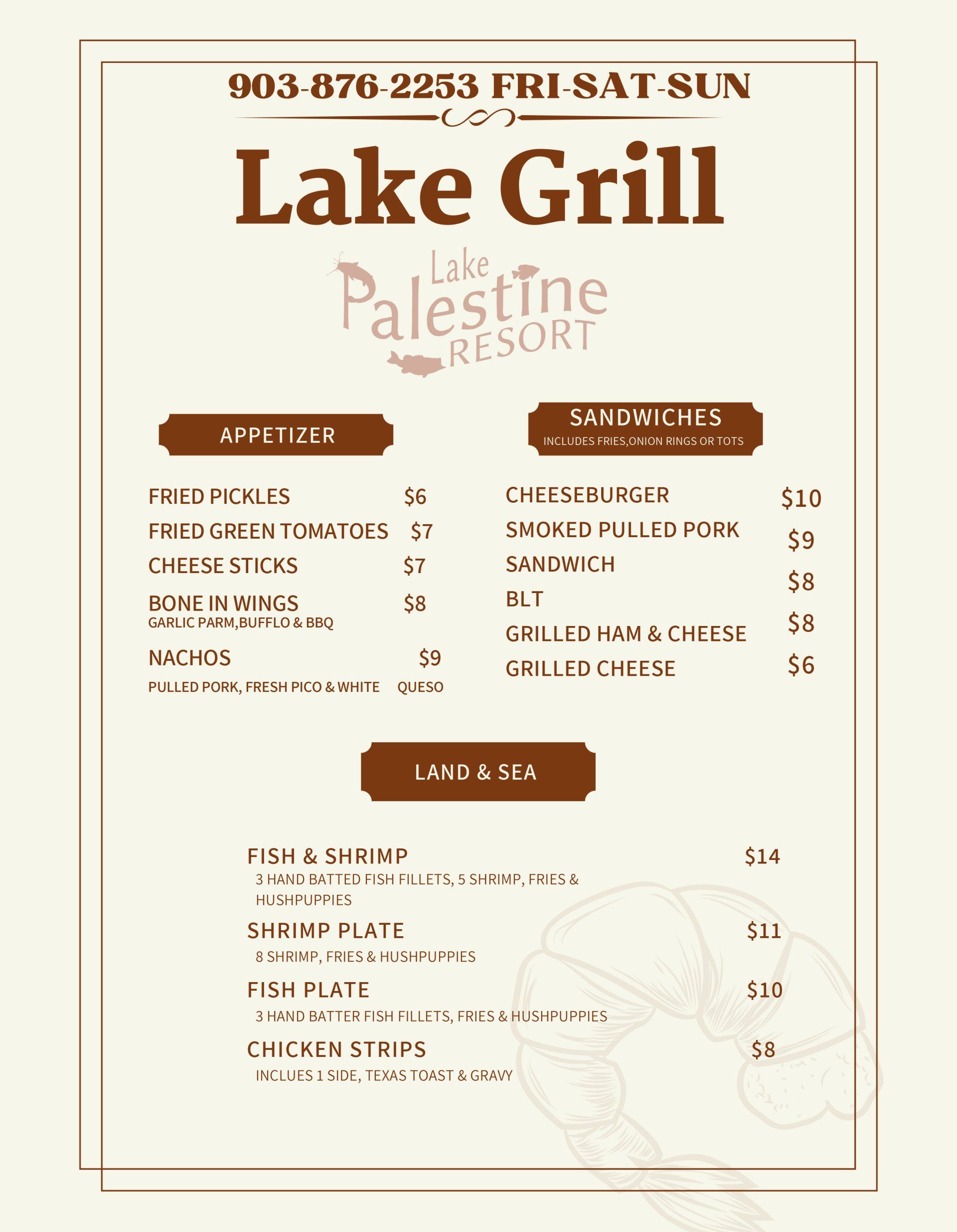 Menu Lake Palestine Resort