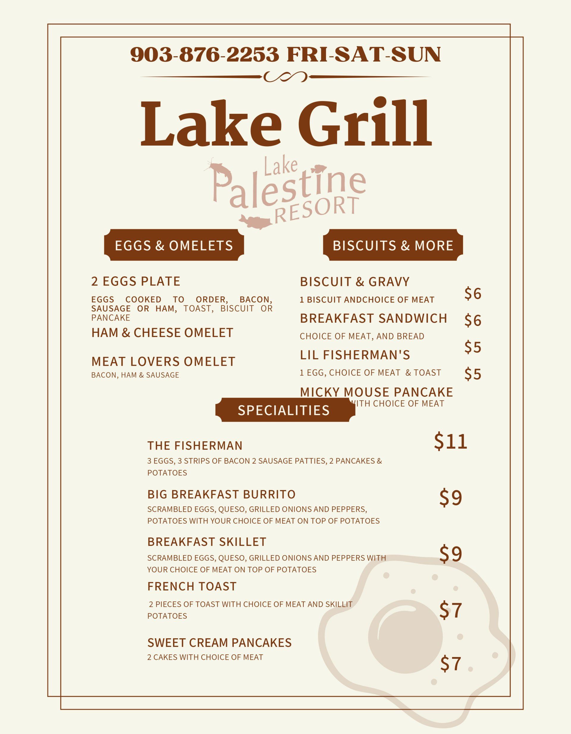 Menu Lake Palestine Resort