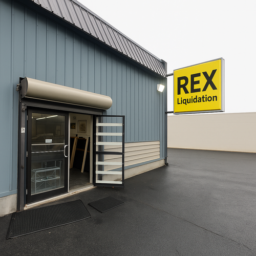 A blue building with a yellow sign that says rex liquidation