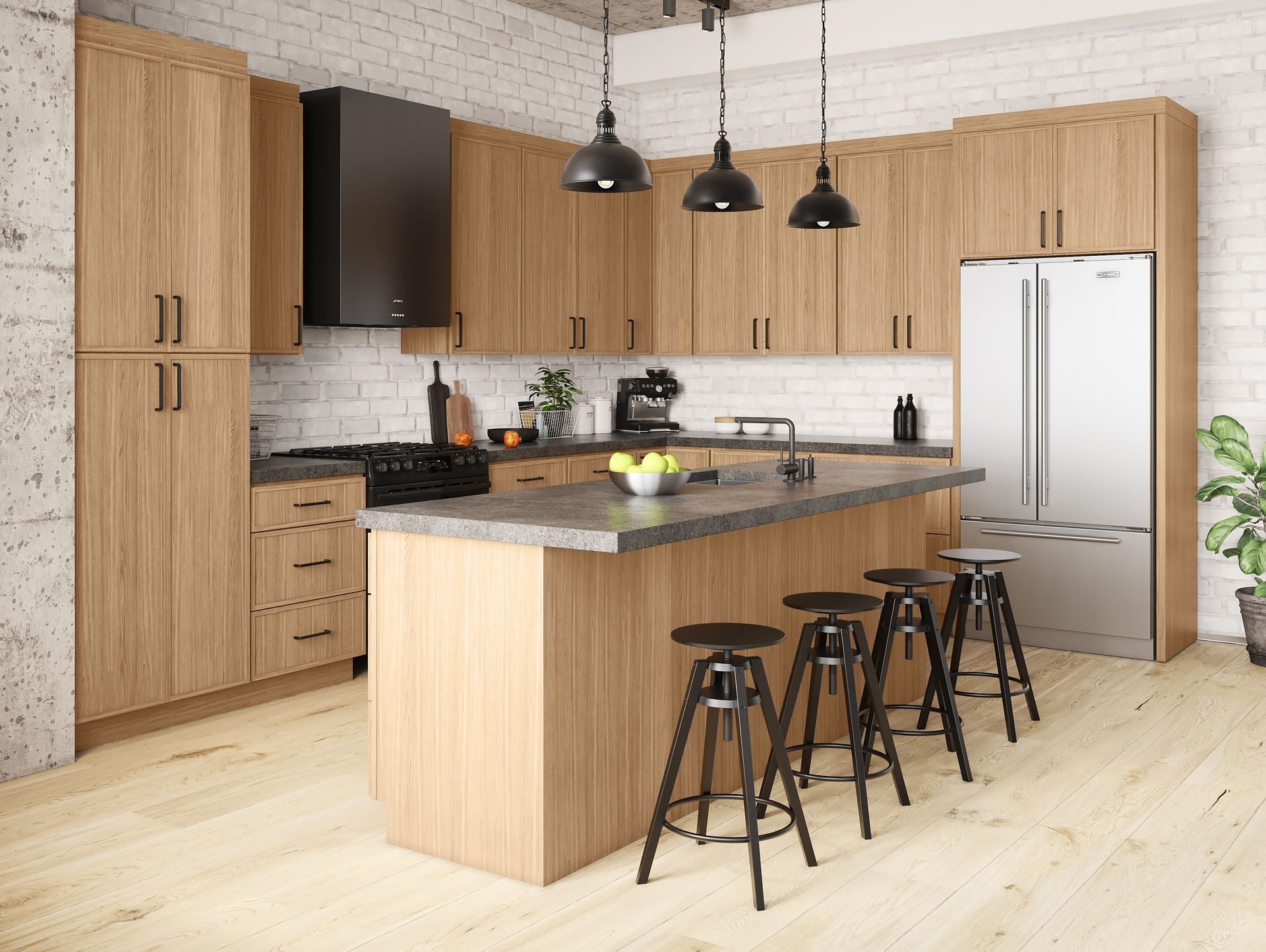 A kitchen with wooden cabinets , stools , a refrigerator and a stove.