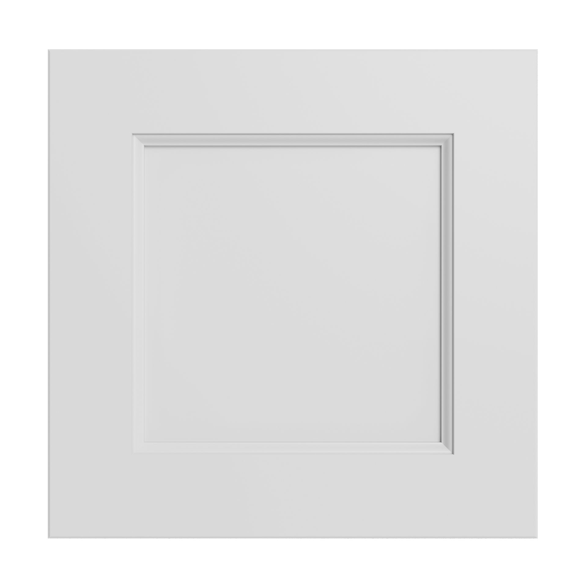 A white square door with a white frame on a white background.