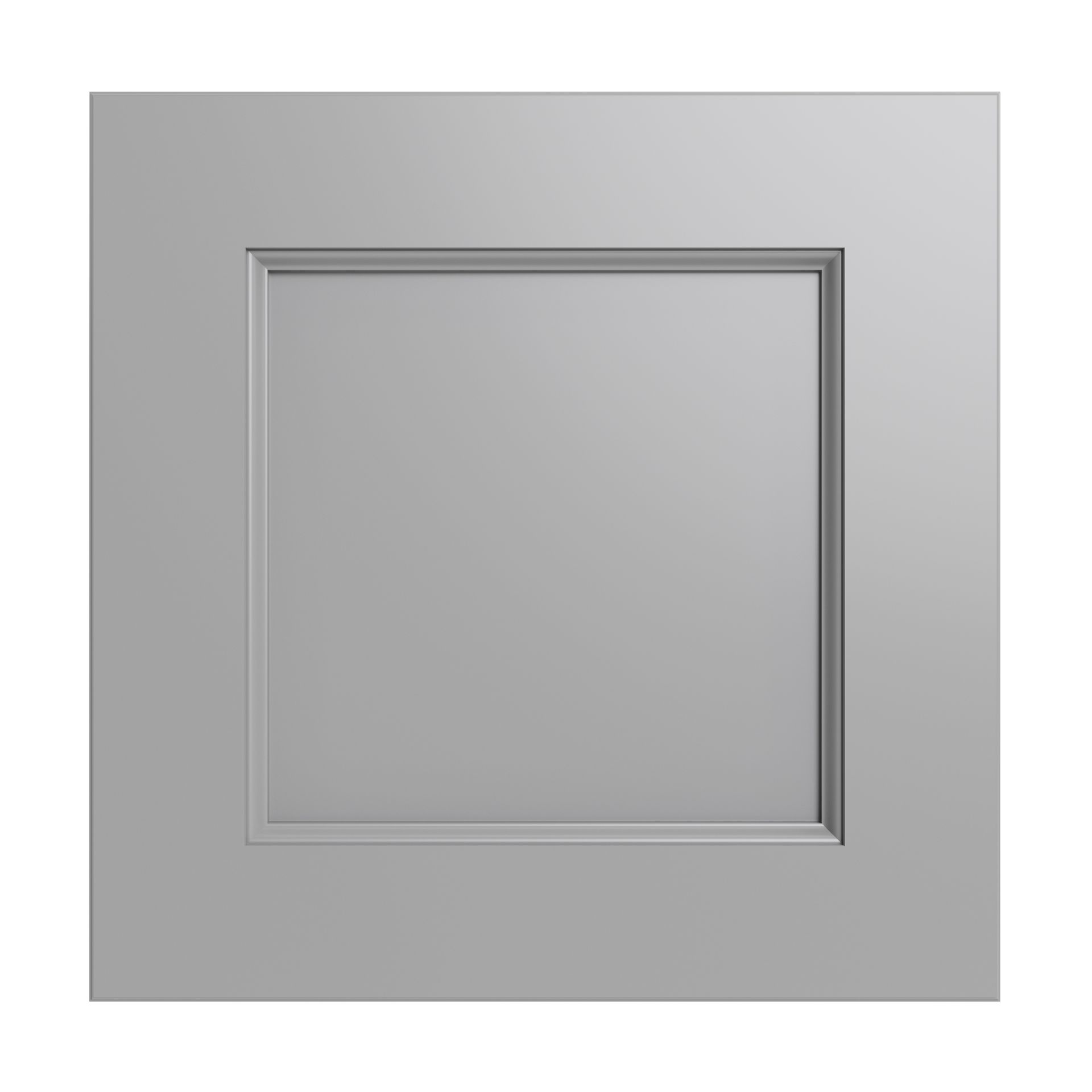 A close up of a gray square door on a white background.