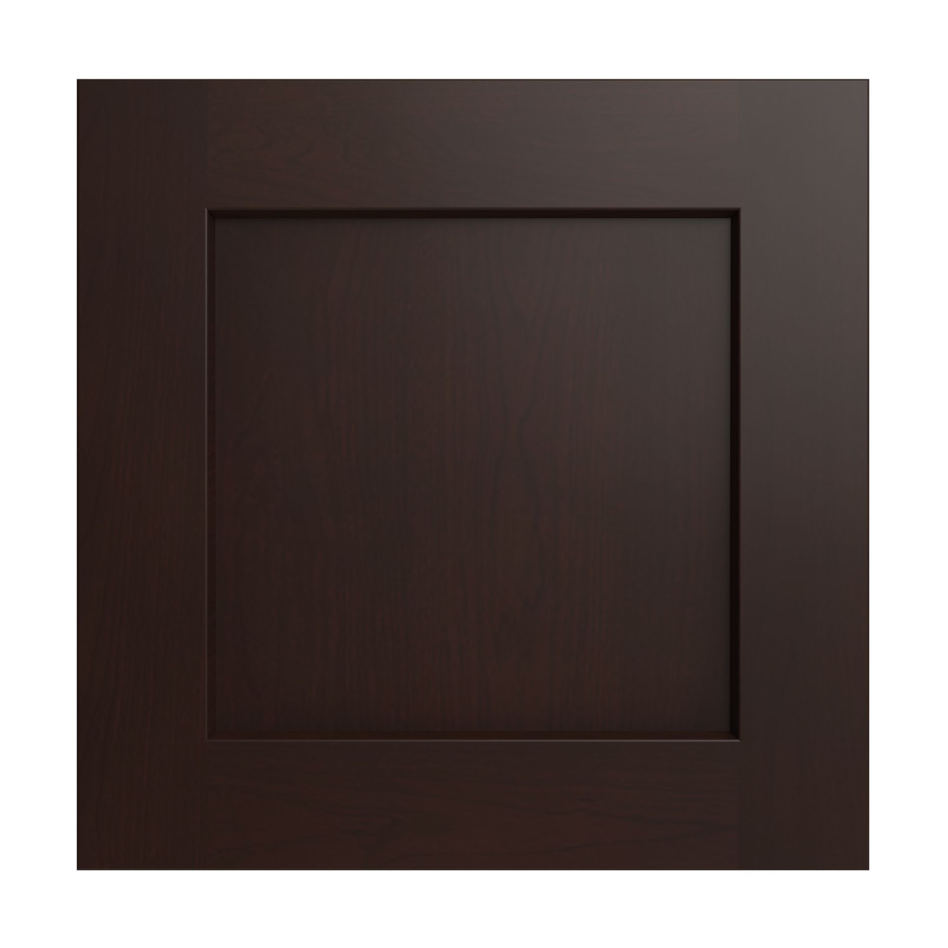 A close up of a dark brown cabinet door on a white background.